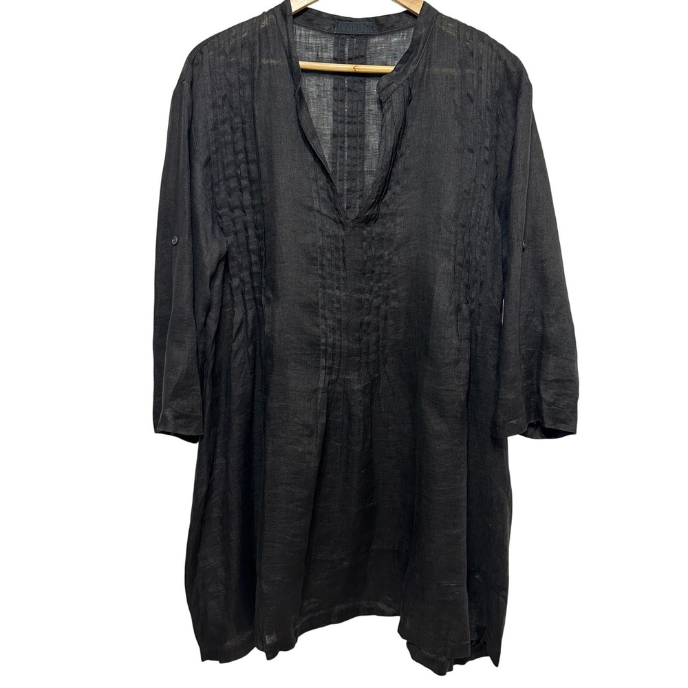 CP Shades Regina Tunic Dress Womens M Black Linen Pintuck Roll Tab Sleeve 207A